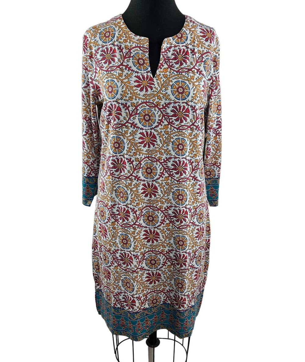 Coolibar UPF 50 White Red M Tunic Dress Cotton Geometric V-Neck Swim Sun NEW